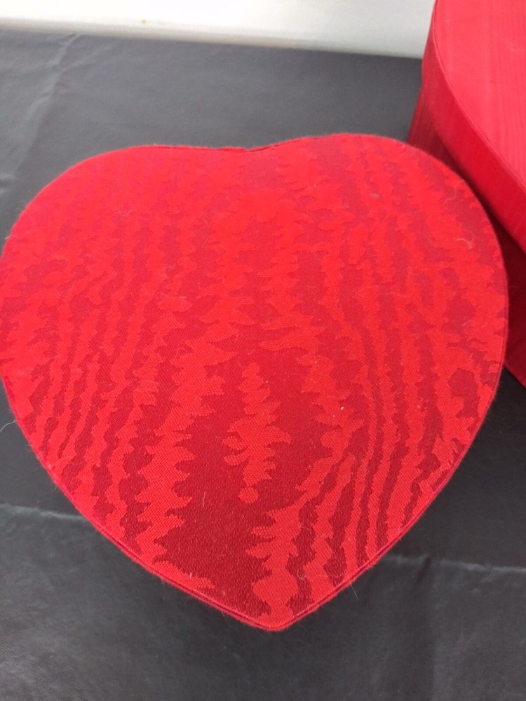 2 Red Fabric Covered Stacking Nesting Heart Boxes Satin Moire & Brocade Wedding