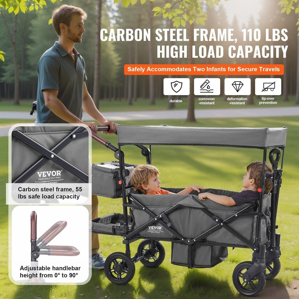 Adaptability Double Seat Stroller 55lb Load Folds Small for Storage Grey