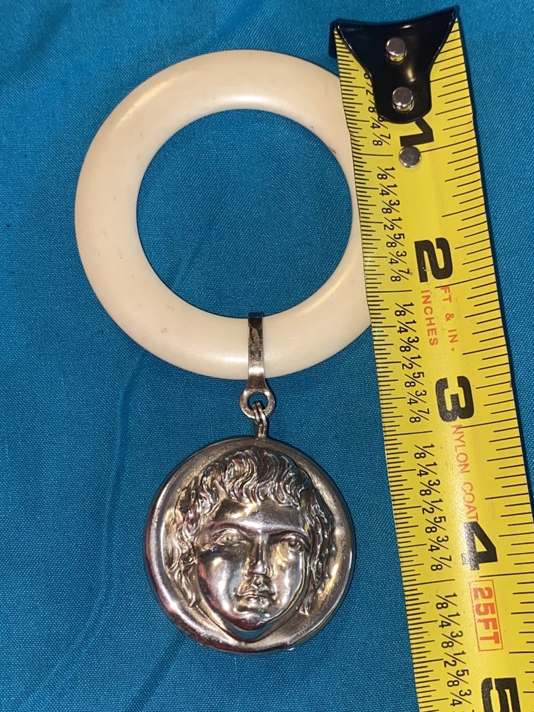 Antique Sterling Silver Babies Rattle Teether ring Crisford & Norris Cherub face