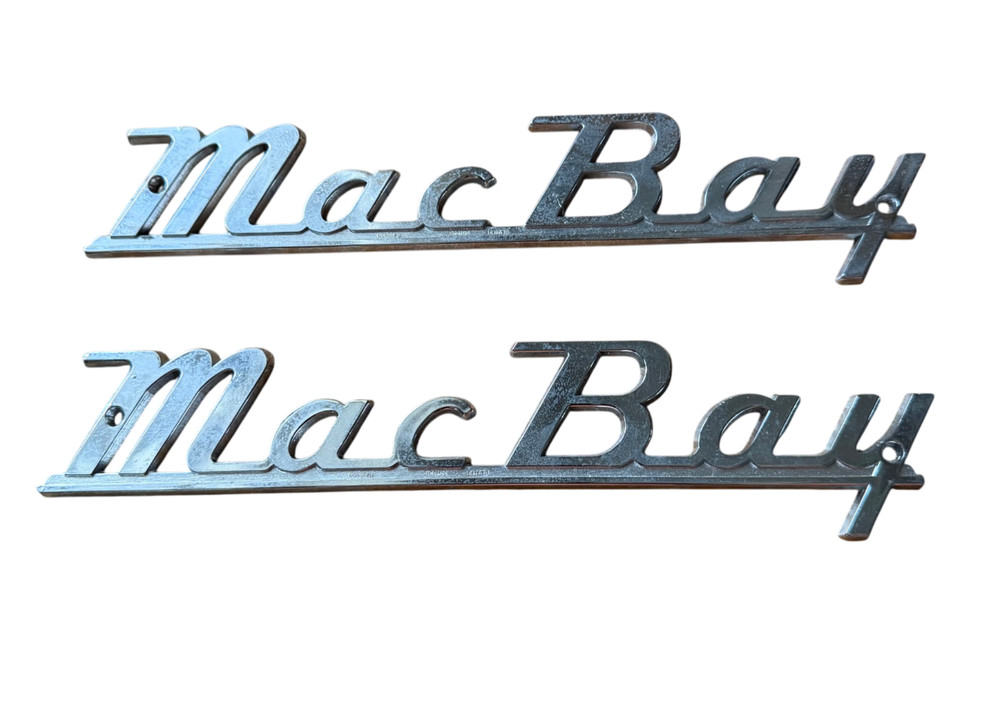 Vintage Mac Bay Boat Emblems Pair 8.75" 1950s  Runabout Scripts