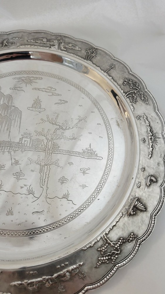 ORIENTAL STERLING SILVER ARCHITECTURAL ROUND TRAY