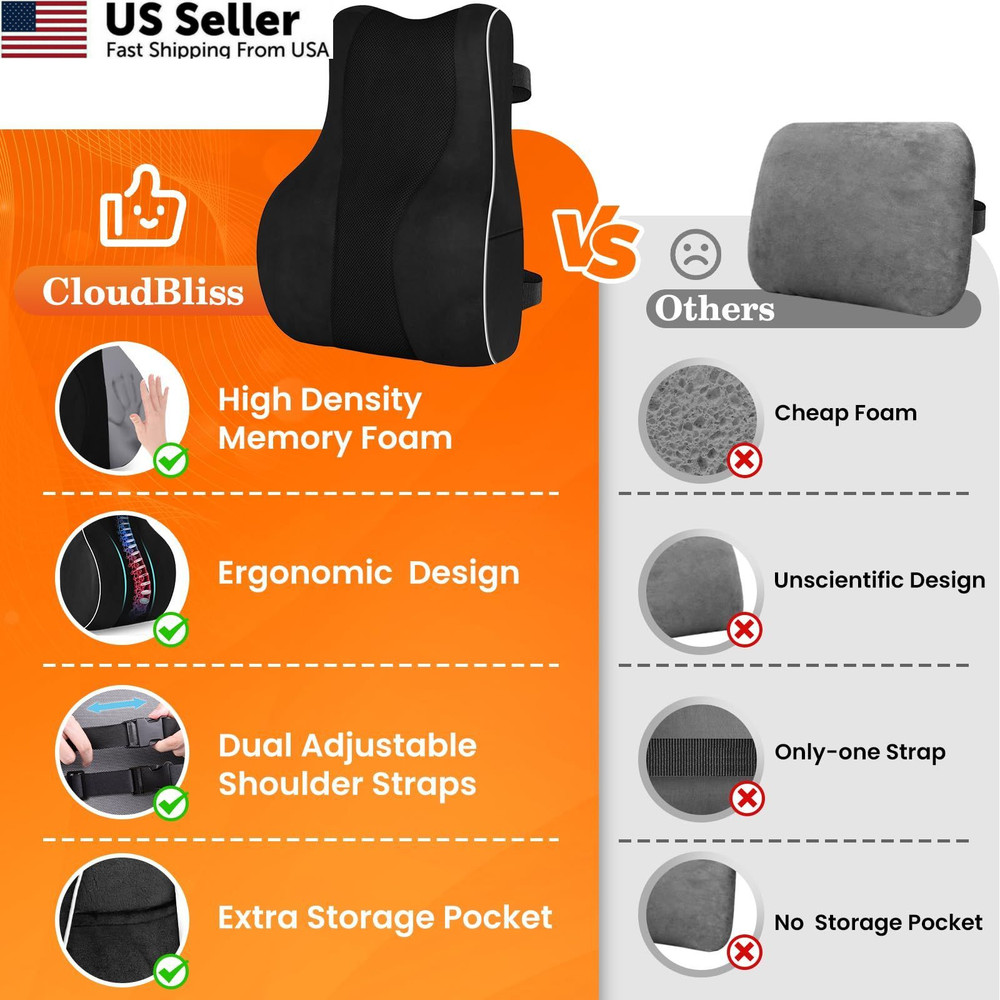 CloudBliss Ergonomic Lumbar Support Pillow – Standard, Pillow-black