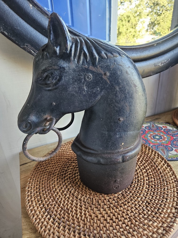 Circa 1900 : Two Double Ring Horse Head Adirons or Hitching Post Toppers