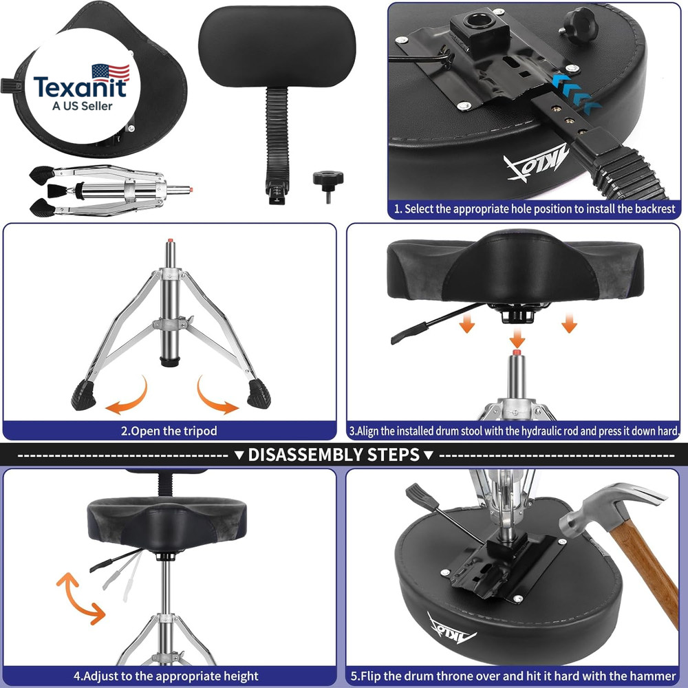 Saddle Drum Throne with Backrest,Hydraulic Drum Throne, Heavy Duty Drum Seat, He