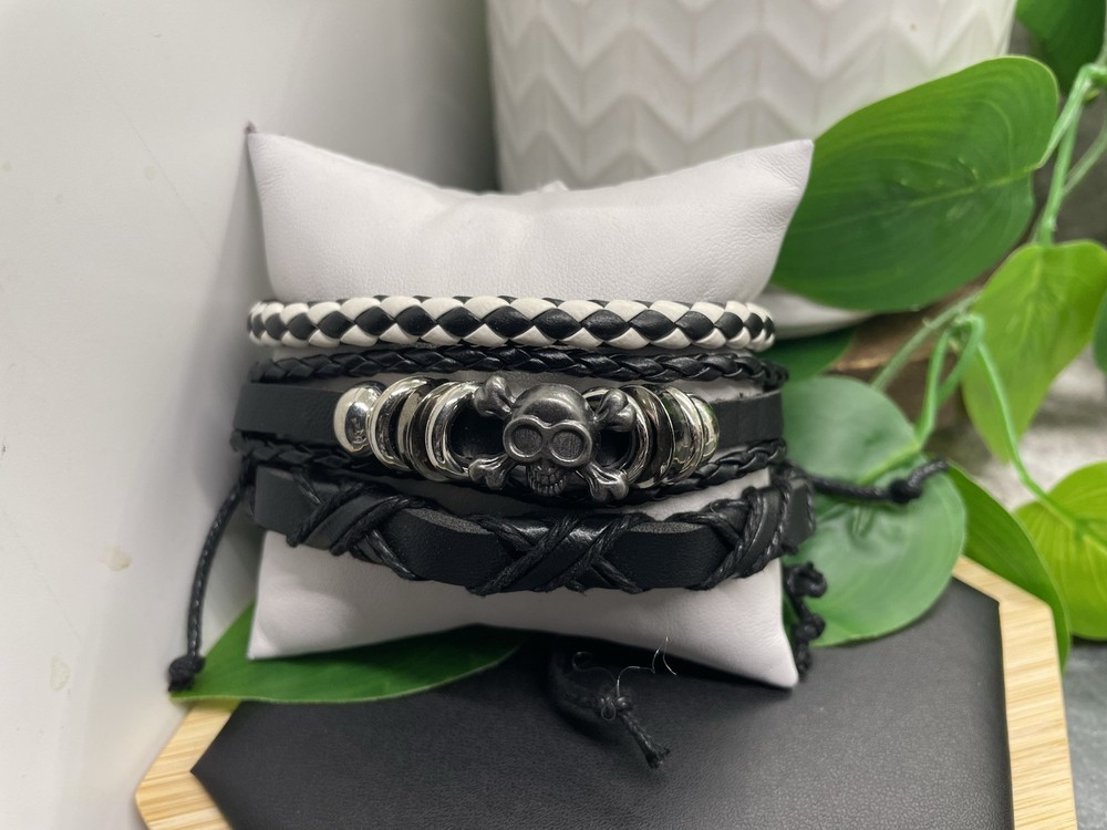 3 PC Leather Bracelet  Stackable Adjustable Tie Free Ship Skull Charm B5205