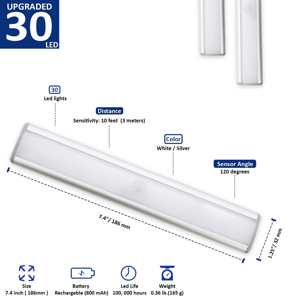 30 LED Under Cabinet Lights - Motion Sensor, Rechargeable, Kitchen Closet Lamp