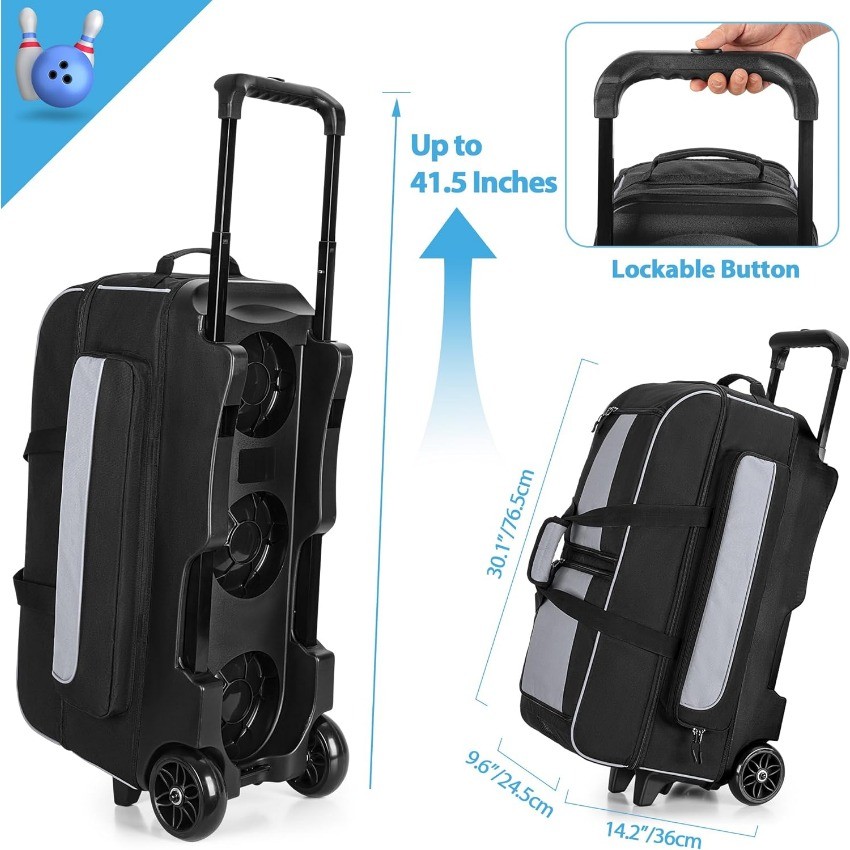 3 Ball Roller Bowling Bag with Multi Accessory Pockets and Shoes Compartment