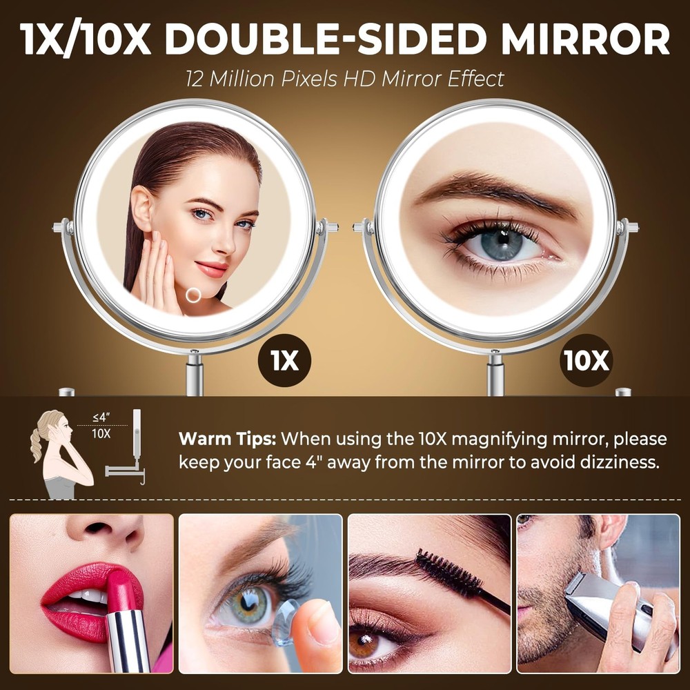 8" Wall Mounted Lighted Makeup Mirror, 3000mAh Rechargeable Double Sided 1X/1...