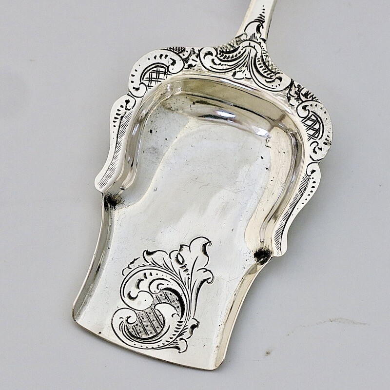 19C Antique Dutch Solid Silver Tea Caddy Sugar Shovel Spoon Server Rococo Ladle