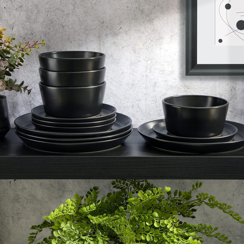 Sofia Coupe 12-Piece Stoneware Dinnerware Set, Service for 4 – Black Plates and