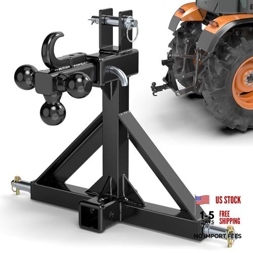 3 Point Hitch Receiver with Dual 2” Receiver–Include Ball Adapter & Hook, Black