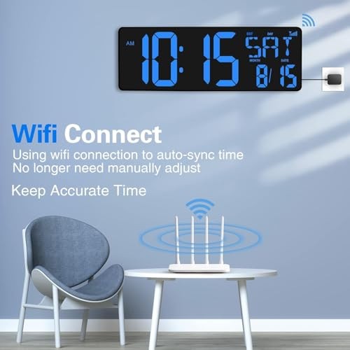 Large Digital Wall Clock WiFi Sync, 16.5 in Large Display Wall Clock Antique