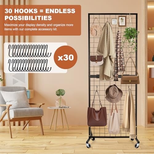 Foldable Grid Wall Panels Display Rack 5.6' x 2' FT, 30 Hooks, Movable Retail St