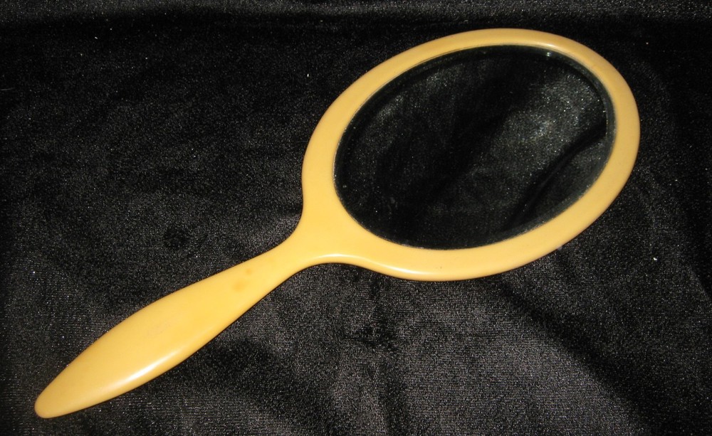 Vintage Celluloid Bakelite Handheld Oval Double sided Vanity Mirror long handle