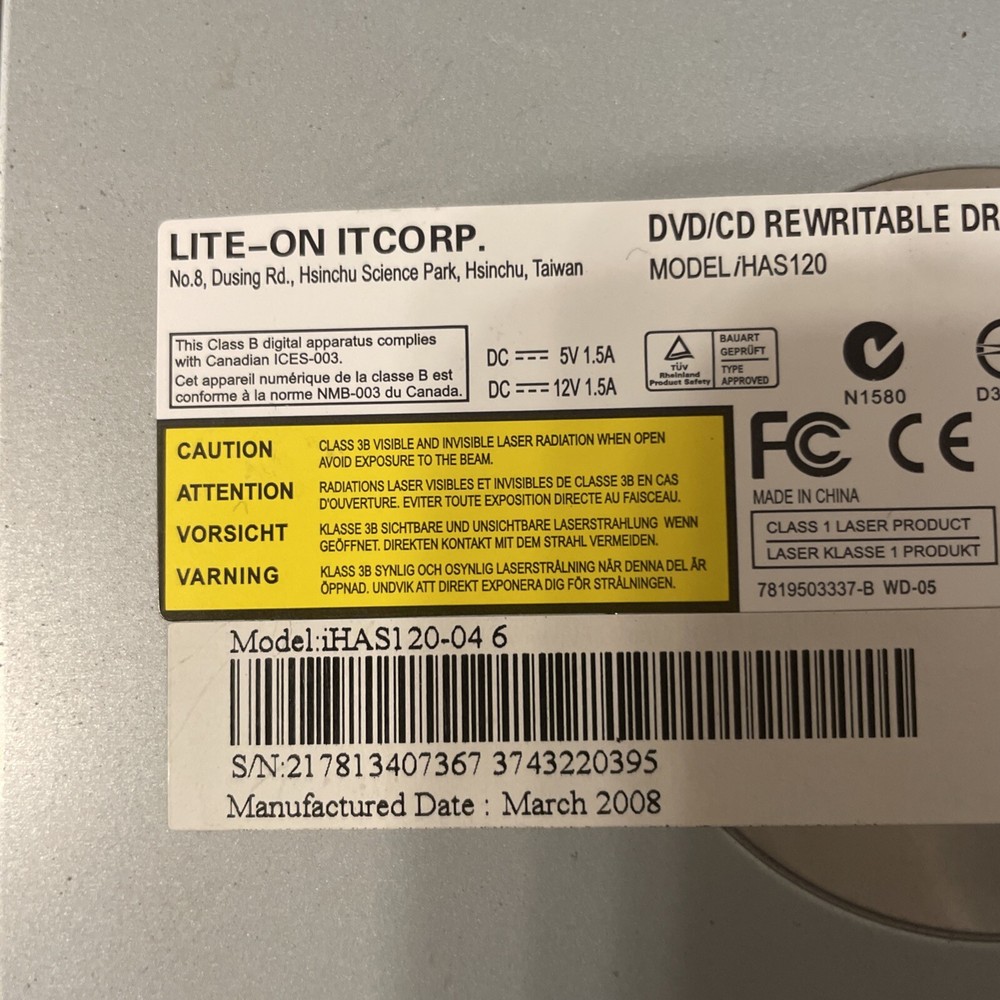 Lite-On DVD/CD Rewritable Drive Model HAS120-04 6 Mfg Date 03/2008 UNTESTED