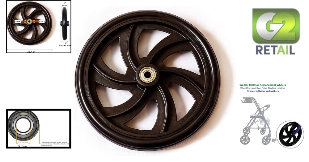 Walker Rollator Replacement 7.5 Inch Black Wheel - Durable Universal Fit