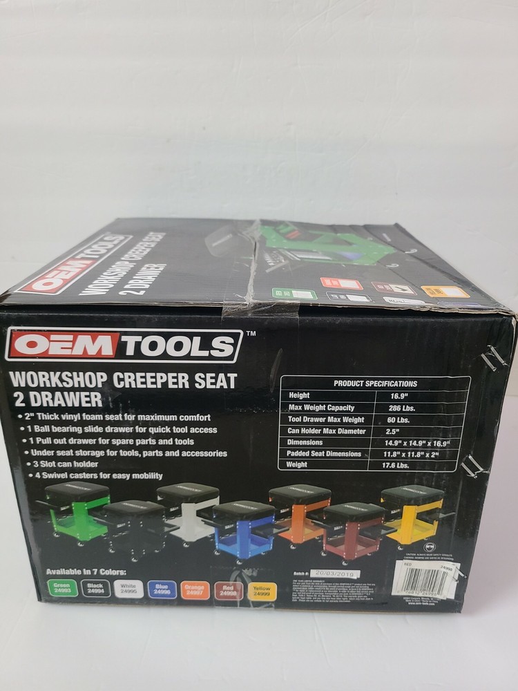 OEMTOOLS 24998 Workshop Creeper Seat Weight Capacity 286 lbs Red