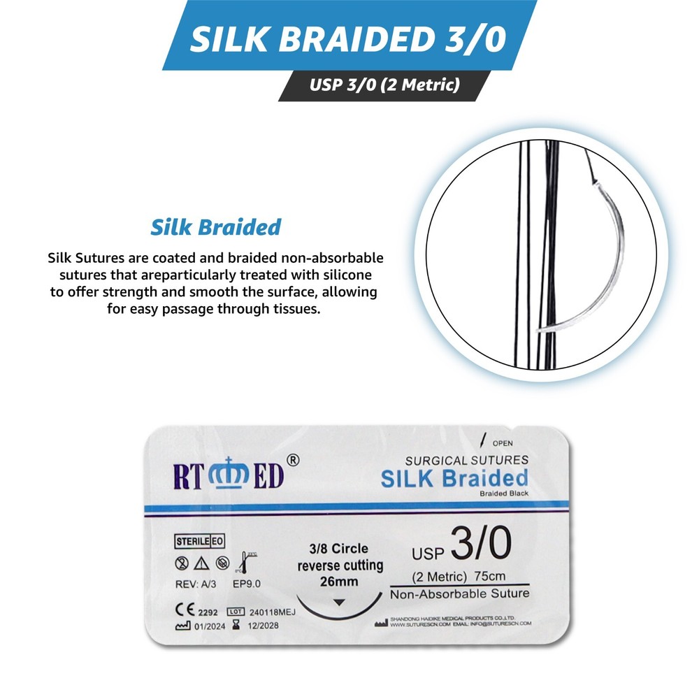 3/0 Silk Suture Practice Thread Kit Sterile Sutures Threads & Needle 12 Pack