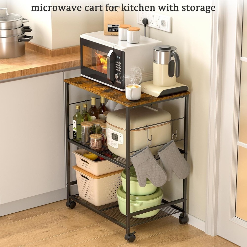 Versatile Rolling Kitchen Utility Cart with Hooks - 3-Tier Storage Solution