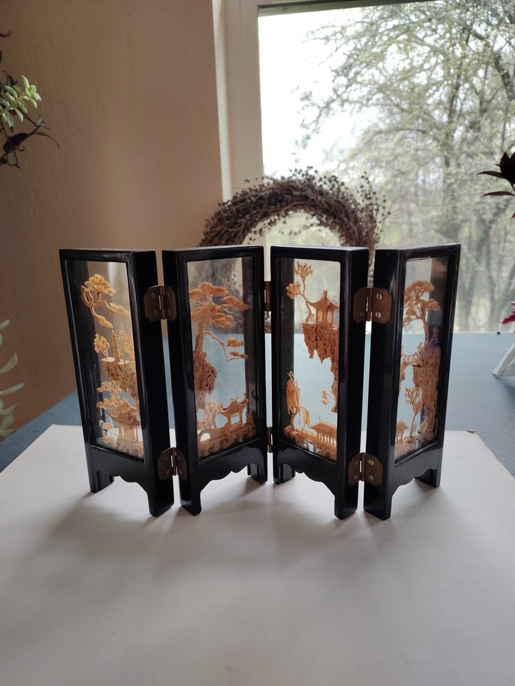 Vintage Glass, Carved Cork Desktop Folding Screen