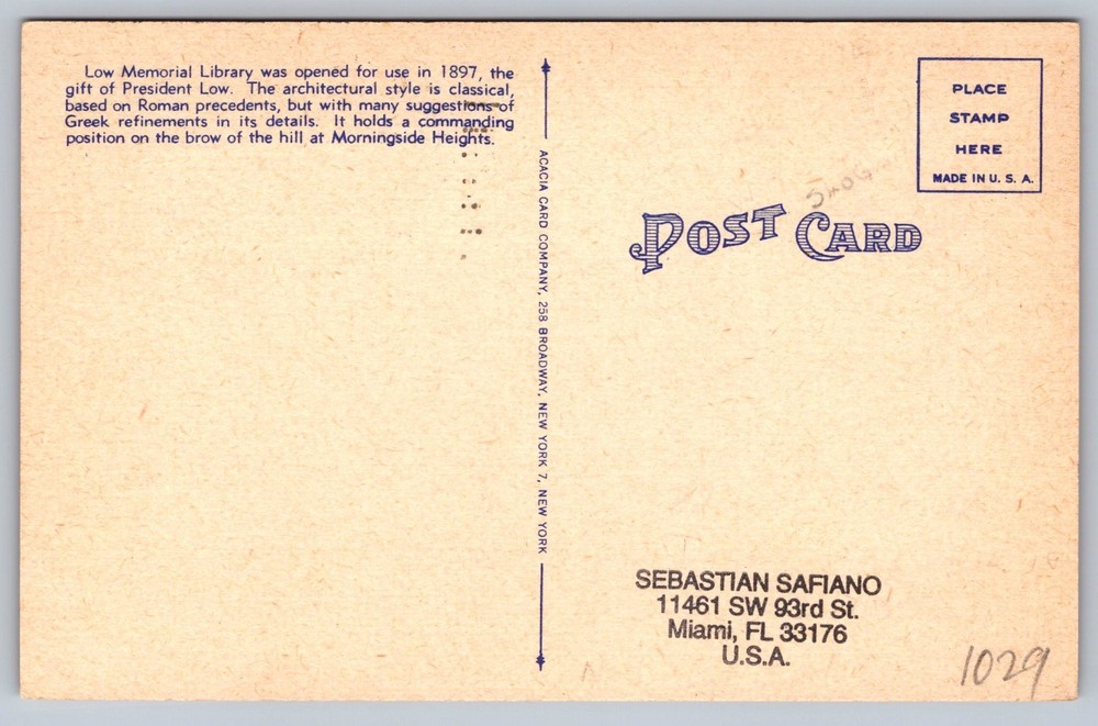 #1029 Columbia University FDC Maxi Card