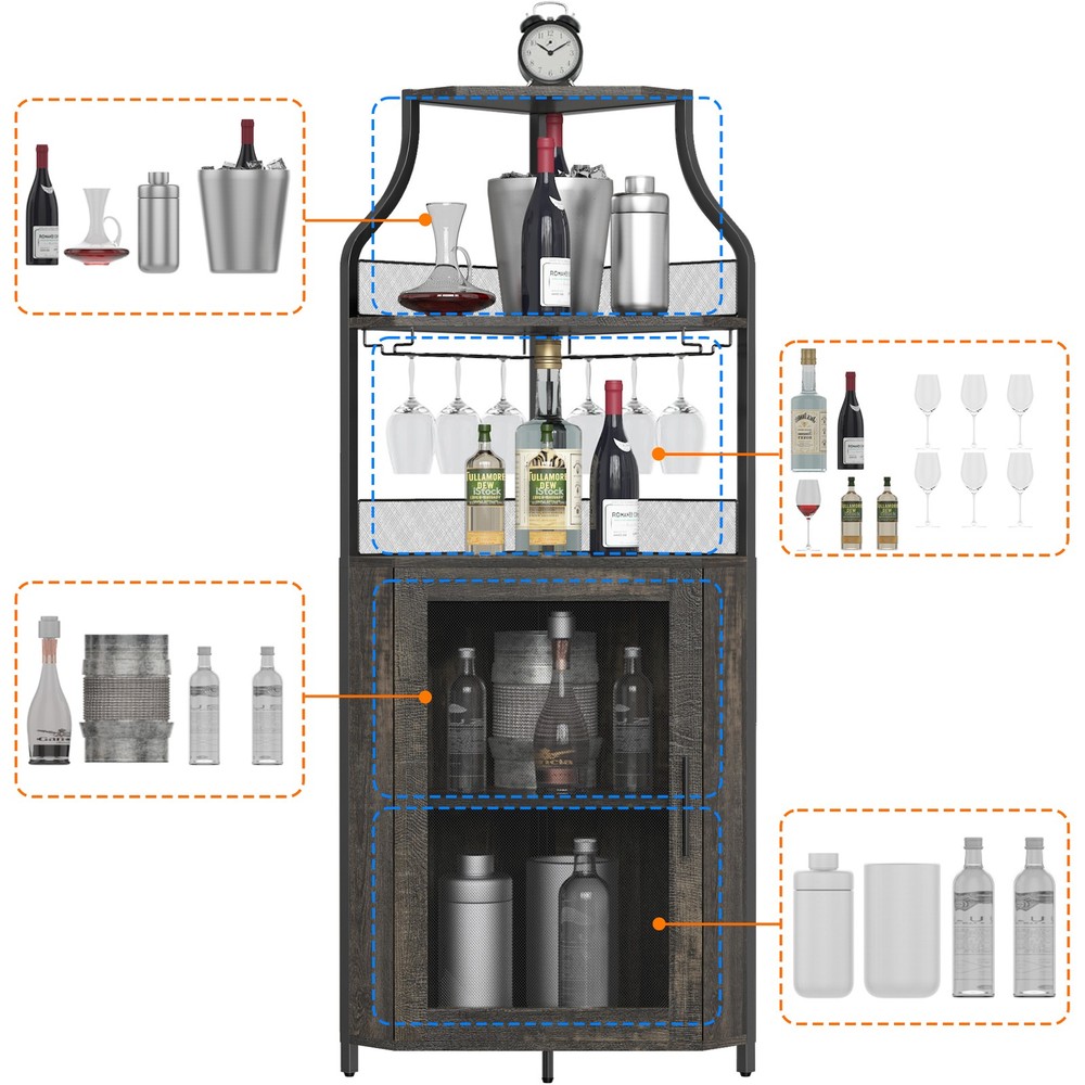 Corner Tall Wine Bar Cabinet Sturdy with Removable Wine Rack & Adjustable Shelf
