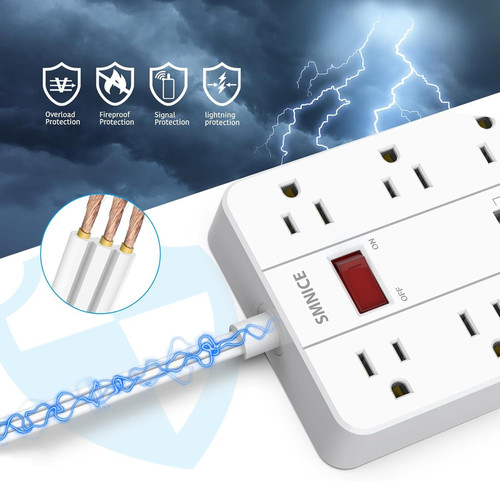 SMNICE Power Strip with USB,Surge Protector Flat Plug 8 5FT, White