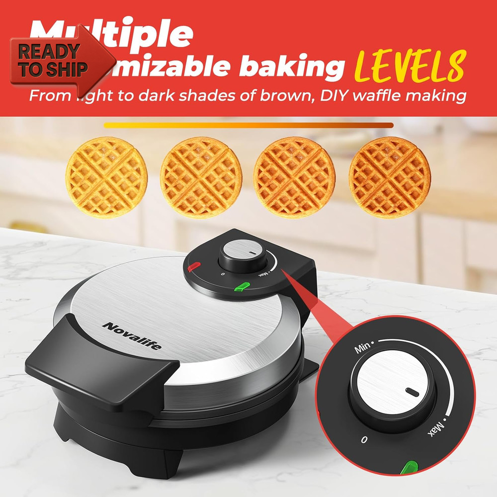 Waffle Maker, 7“ round Classic Belgian Waffle Iron, Adjustable Browning Control