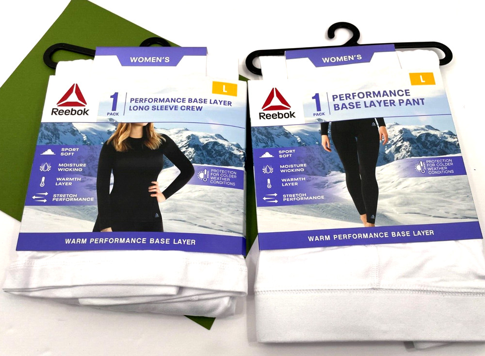 Reebok Women's Performance Base Layer Long Crew & Pant Set White Size Large New