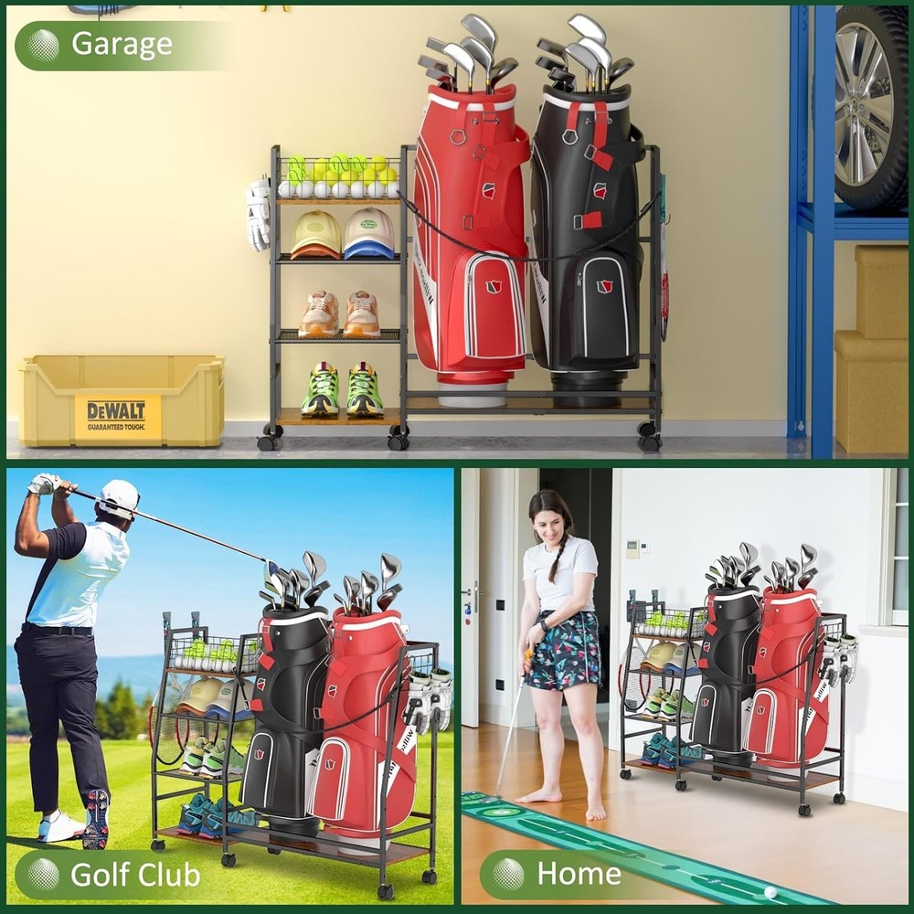Golf Bag Storage Rack with Wheels Garage Organizer Stand Black