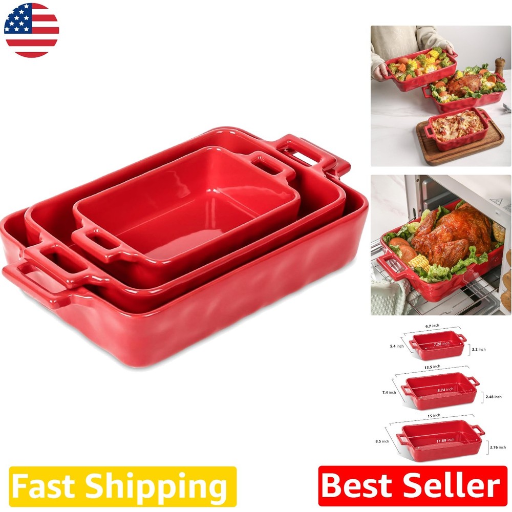 Red Ceramic Baking Pans Set 3pc Rectangular Lasagna Casserole Dish