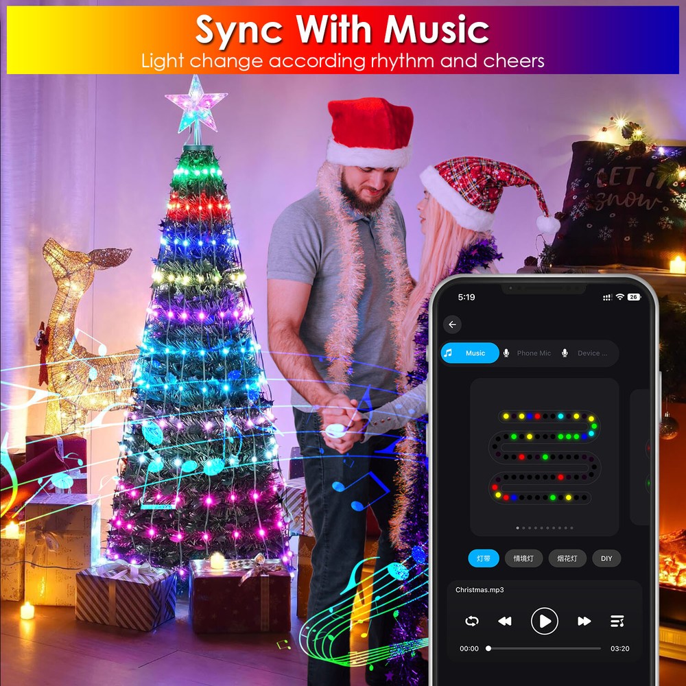 Waterproof LED Lights Collapsible Christmas Tree Light with Remote App Control