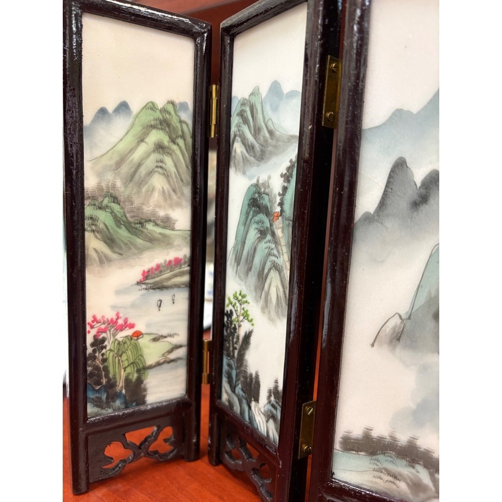 Vintage Chinese Marble Panel Folding Table Screen 5 Panel Wood Frame