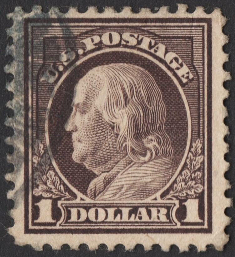 US Sc# 518 USED { REVERSE OFFSET VARIETY ERROR } $1 BROWN FRANKLIN FROM 1917