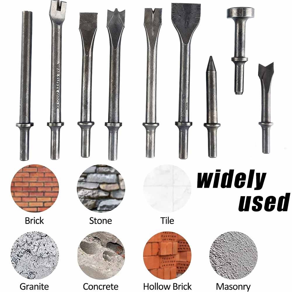 9Pcs Pneumatic Air Hammer Punch Chipping Bits Tool Chisel 0.39In Shank Tool Set
