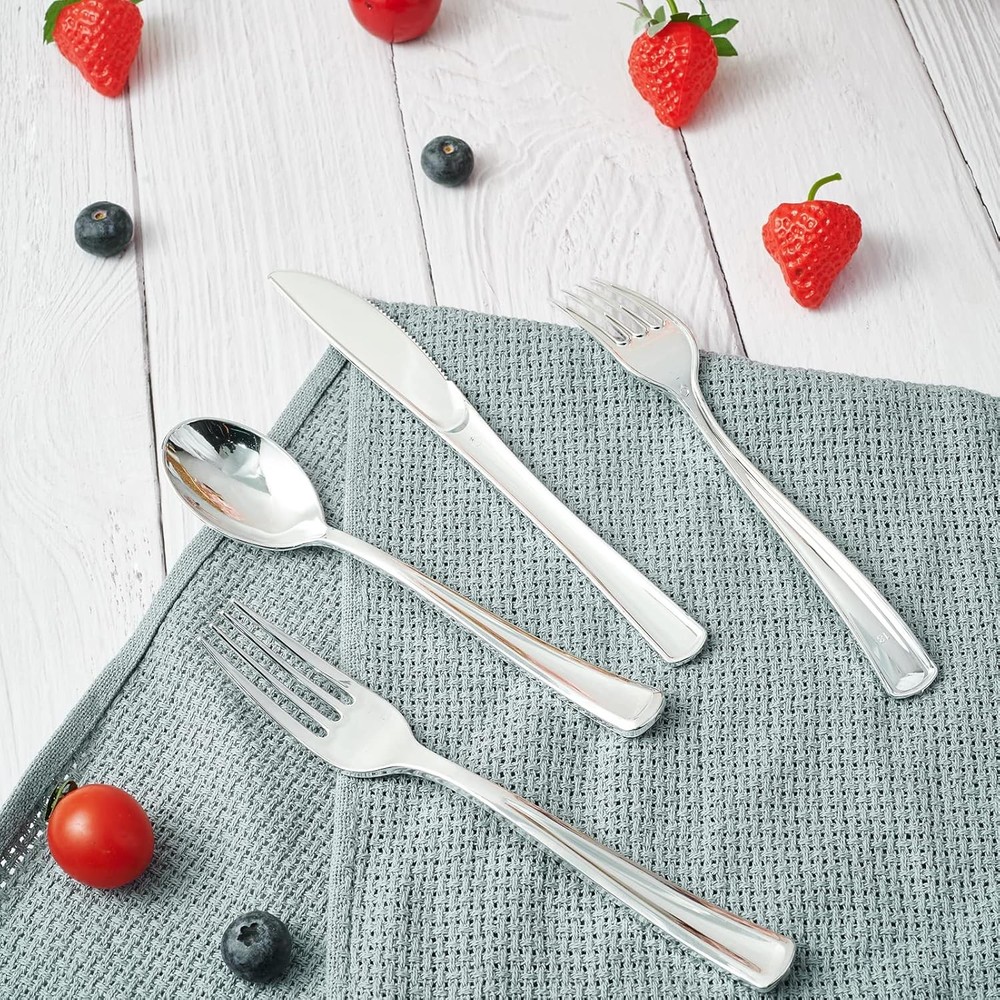 FOCUSLINE 300 Pack Disposable Silver Plastic Forks, Solid and