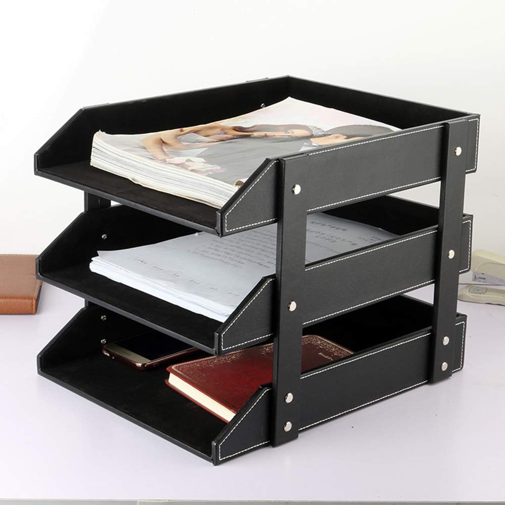 Leather Desk File Organizer 3Layer Stackable Tray Stationery Storage Black