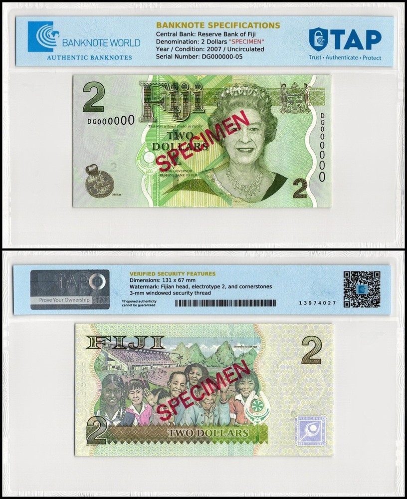 Fiji 2 Dollars, 2007, P-109s2, UNC, Specimen, TAP Authenticated