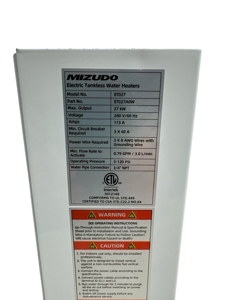 Electric Tankless Water Heater 27 kw 4.4 GPM 240V Indoor MIZUDO ET027A0W (OB)