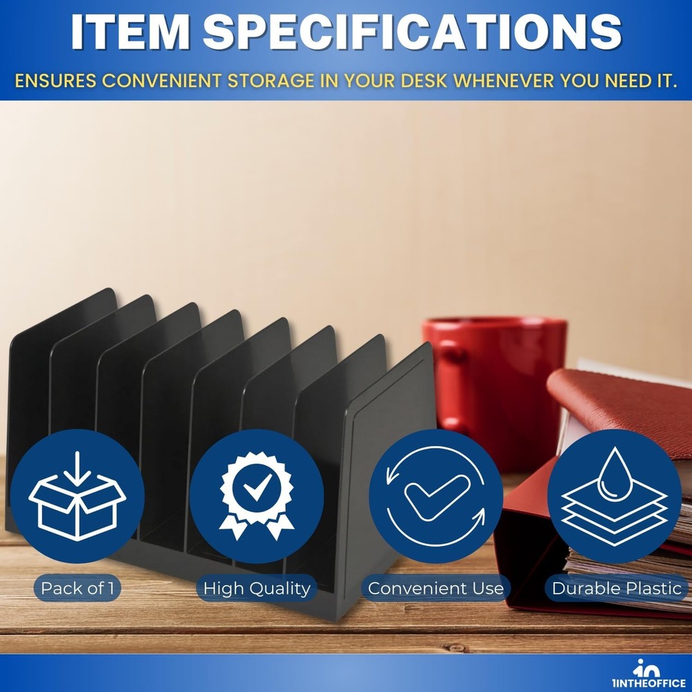 Desktop File Organizer Black Plastic 7 Compartments Vertical Desk Sorter