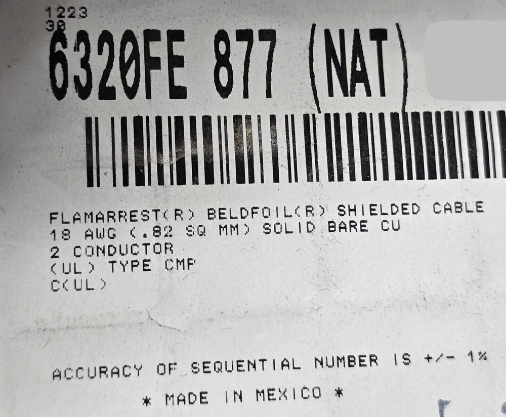 Belden Wire 6320FE 18/2C Solid Shielded Control/Audio Cable Plenum White /50ft