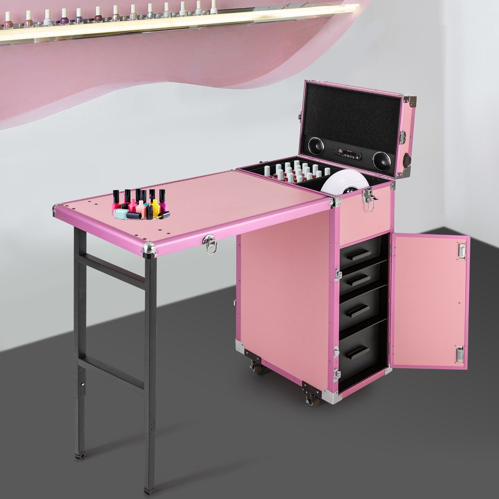 Nail Desk Mobile Station Rolling Makeup Train Case Manicure Table with Speaker