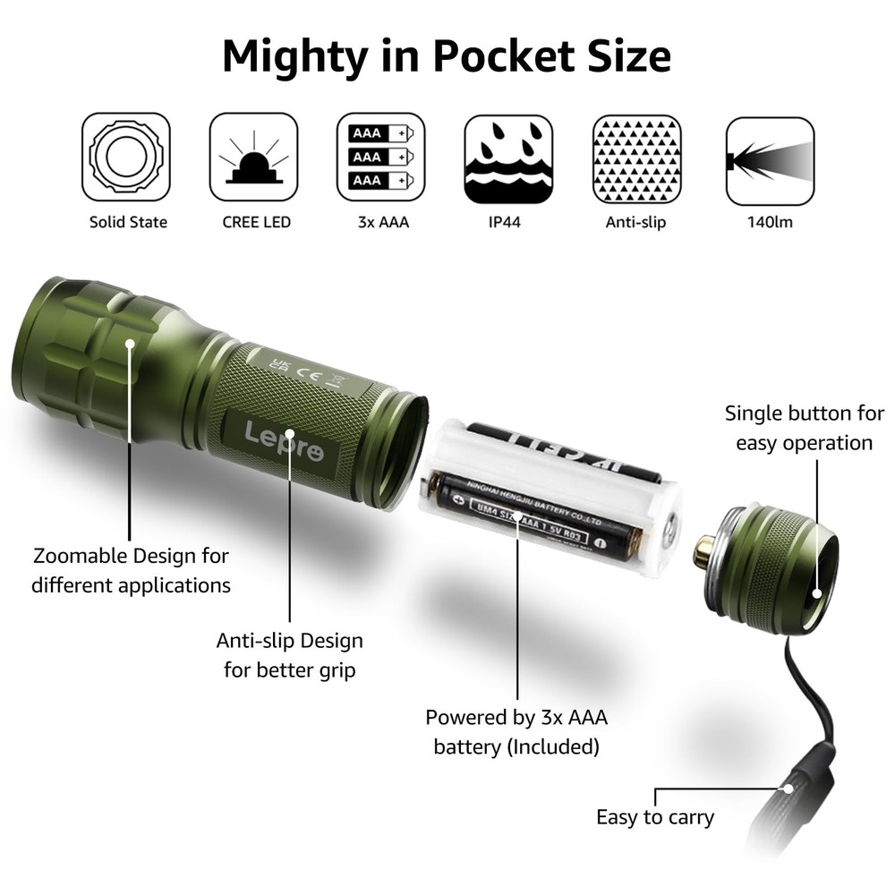 Lighting EVER LED Flashlights High Lumens, Small Flashlight, Small, Green