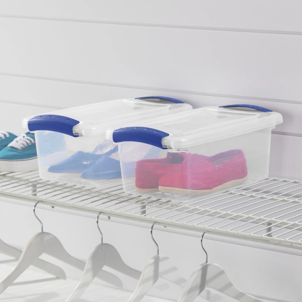 Clear Plastic Storage Bin with Blue Latching Lid 7 Quart 3-Pack Organizer Box