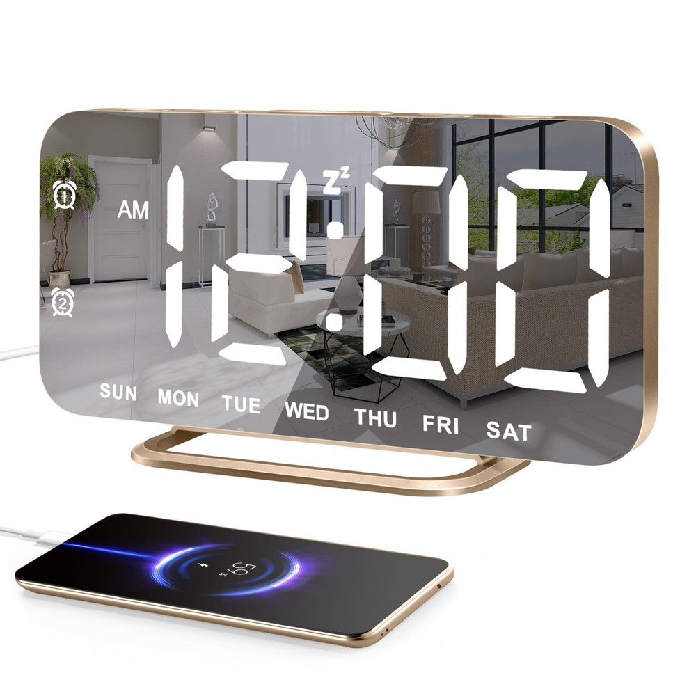 Slim LED Digital Alarm Clock Mirror Surface for Makeup with Diming Large Disp...