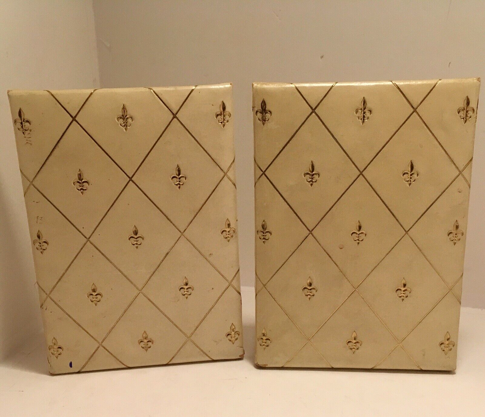 Vintage Bookends Set Fleur de Lis French Pattern Rectangle Shape Mid Century