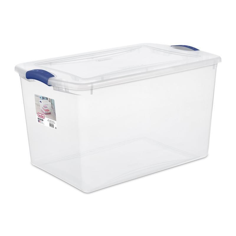 66 Qt Plastic Latch Storage Box Blue Latches Clear Lid Easy Stack Home Organizer