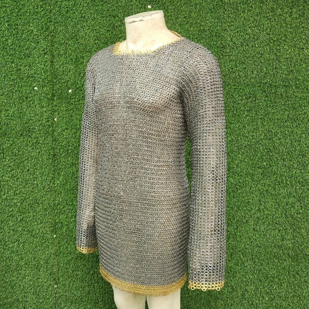 Medieval Chainmail Shirt 9mm Flat Riveted | Brass Washer Rows | Black (M)