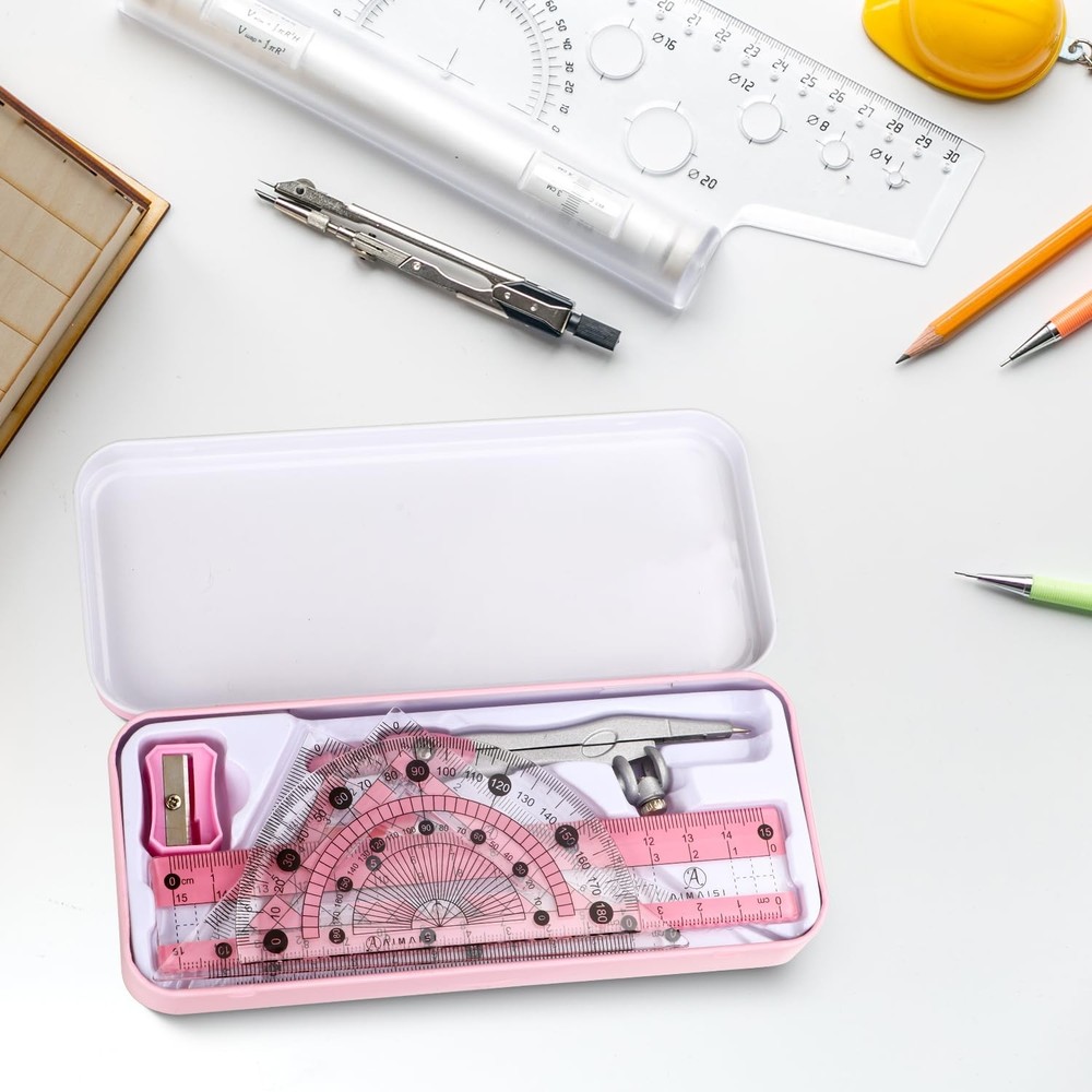 Compass Geometry Tool Protractor and Set with Metal Box Drawing Pink