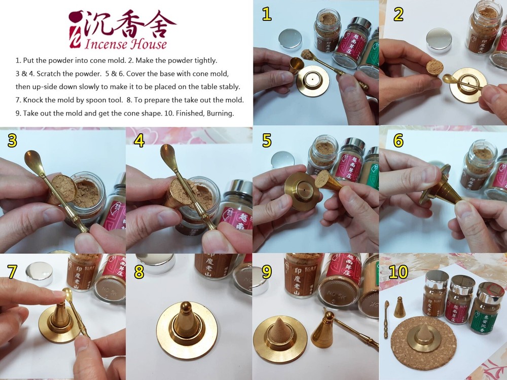 Incense Cone Tool Gift Box - Brass Cone Mold + Brass Spoon + Brass Base + Powder
